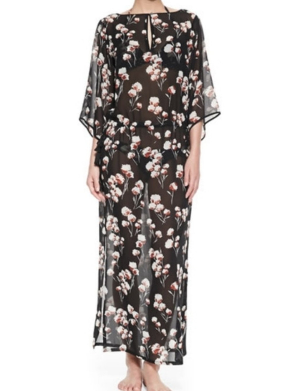 Tory Burch Solaro Long Silk Sheer Floral Caftan Maxi Dress Cover Up Black Pink